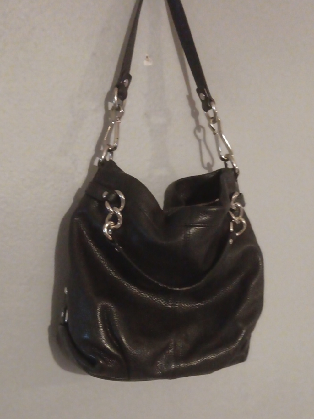 Coach Classic Black Leather Shoulder Bag with Silver Hardware